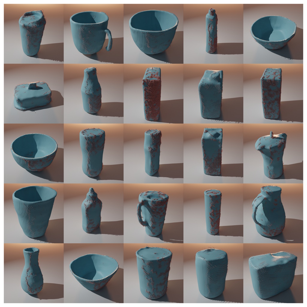 Qualitative shape completion results on Automatica/YCB dataset showing diverse objects