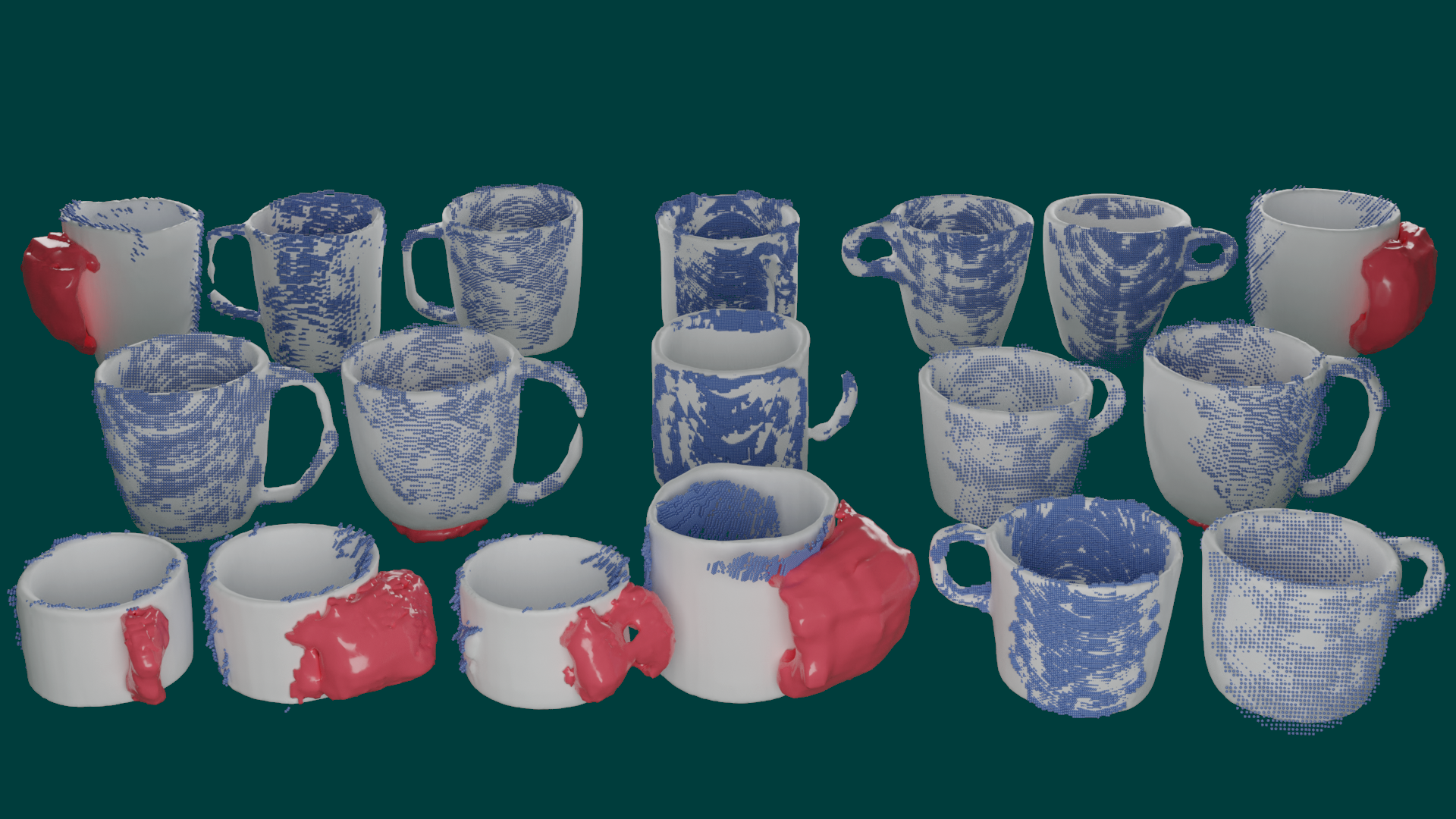 Binary method sim2real results showing shape completion with uncertain region prediction